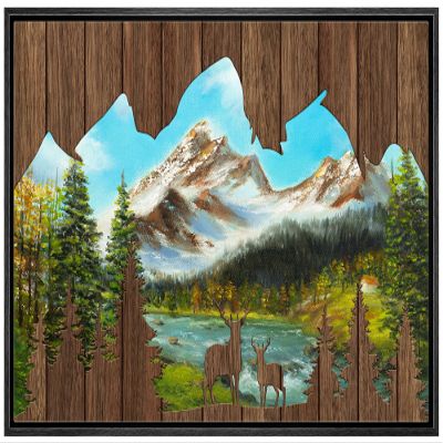 wall26 Framed Canvas Print Wall Art Wood Panel Winter Pine Tree Deer Forest Nature Wilderness Digital Art Modern Art Farmhouse/Country Decorative for Living Room, Bedroom, Office - 16x24 Black