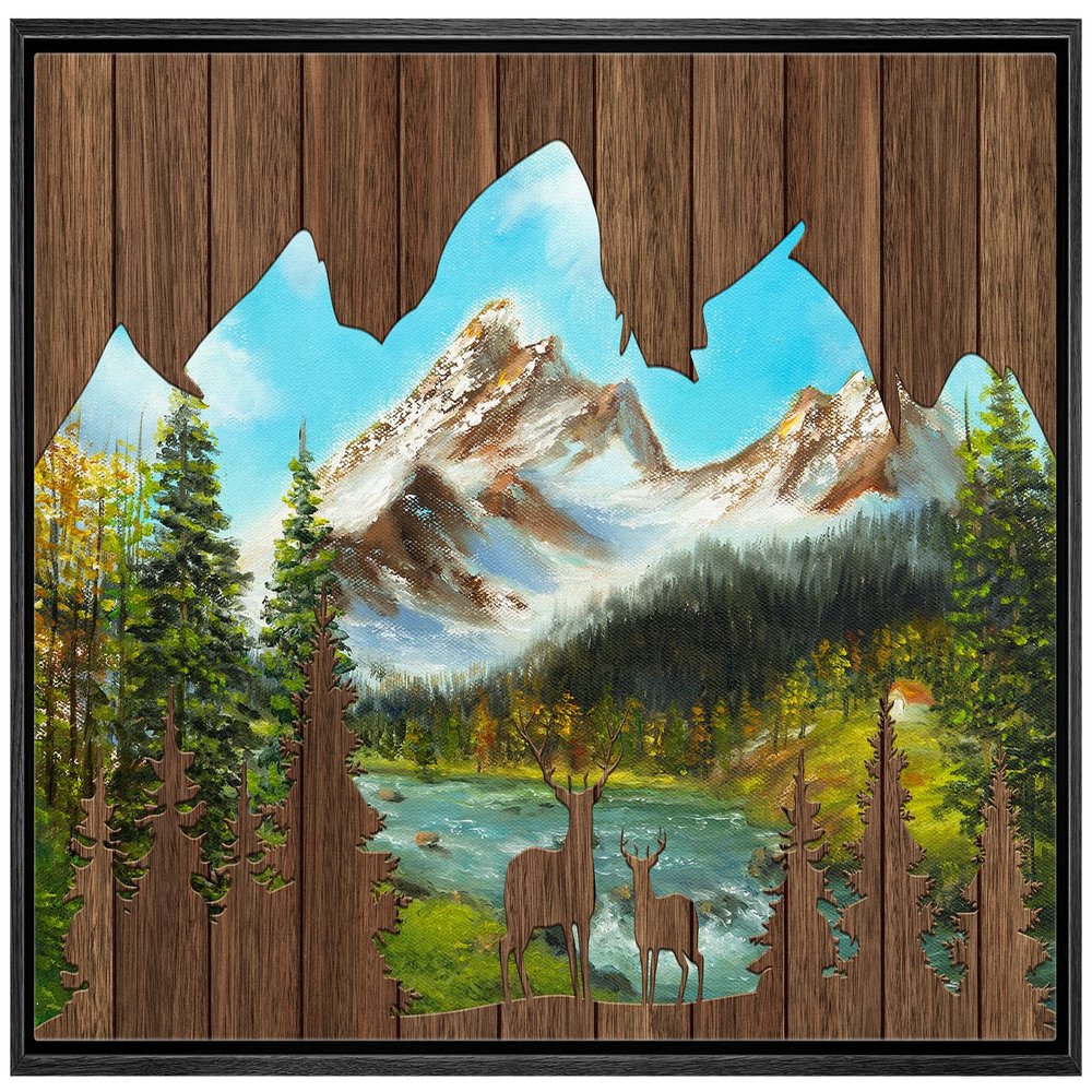 wall26 Framed Canvas Print Wall Art Wood Panel Winter Pine Tree Deer Forest Nature Wilderness Digital Art Modern Art Farmhouse/Country Decorative for Living Room, Bedroom, Office - 16x24 Black