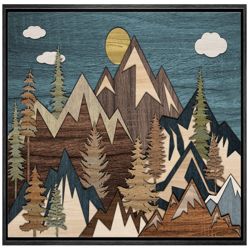 wall26 Framed Canvas Print Wall Art Wood Panel Cloudy Mountain Pine Forest Nature Wilderness Digital Art Modern Art Farmhouse/Country Decorative for Living Room, Bedroom, Office - 16x24 Black