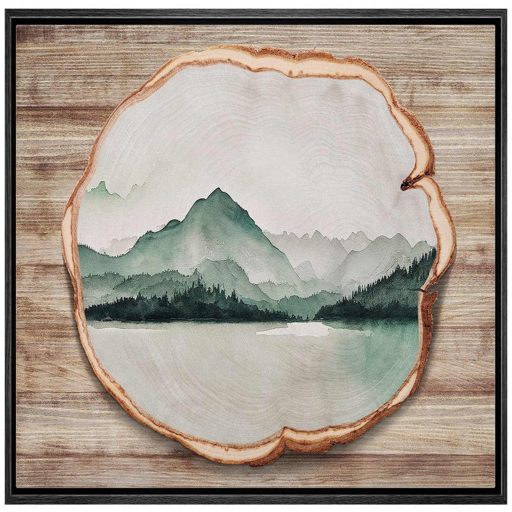 wall26 Framed Canvas Print Wall Art Wood Ring Pastel Mountain Mist Forest Nature Wilderness Digital Art Modern Art Farmhouse/Country Decorative for Living Room, Bedroom, Office - 16x24 Black