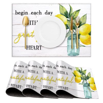 Begin Each Day with A Grateful Heart Lemon Placemats Set of 4 Rustic Wood Inspirational Saying Canvas Table Mats Decoration for Dining Kitchen Farmhouse 12x18 Inch Washable Heat-Resistant Mats