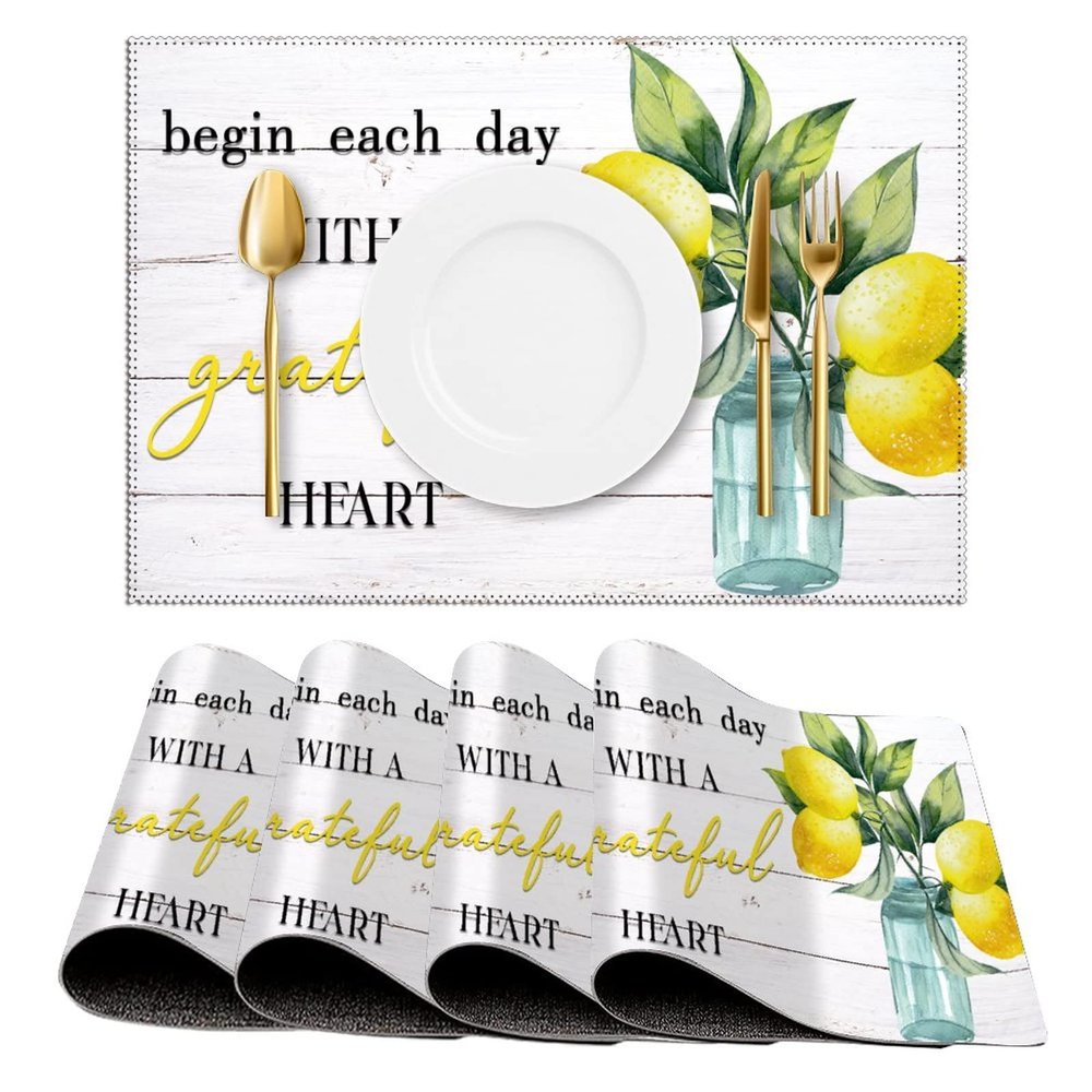Begin Each Day with A Grateful Heart Lemon Placemats Set of 4 Rustic Wood Inspirational Saying Canvas Table Mats Decoration for Dining Kitchen Farmhouse 12x18 Inch Washable Heat-Resistant Mats