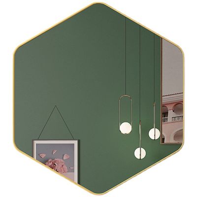 50*45CM Wall Mounted Bathroom Mirror,Hexagonal Metal Frame Vanity Mirror,Explosion Proof Full Body Mirror,Wall Mirror Decorative Mirror,Gold/Black,HD Silver Mirror ( Color : Gold , Size : 60*55CM )