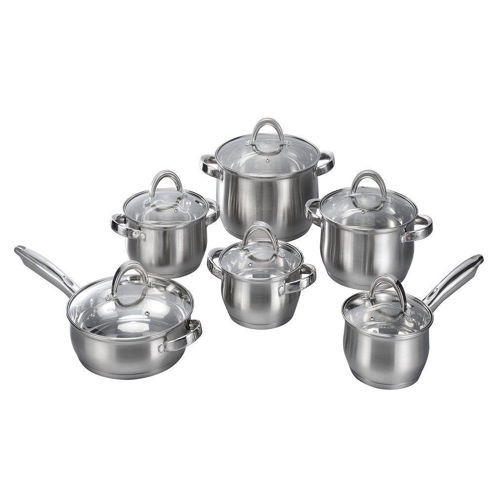 12-Piece Induction Ready Stainless Steel Cookware Sets with Glass Lid, Silver on Cookware Sets Stainless Steel