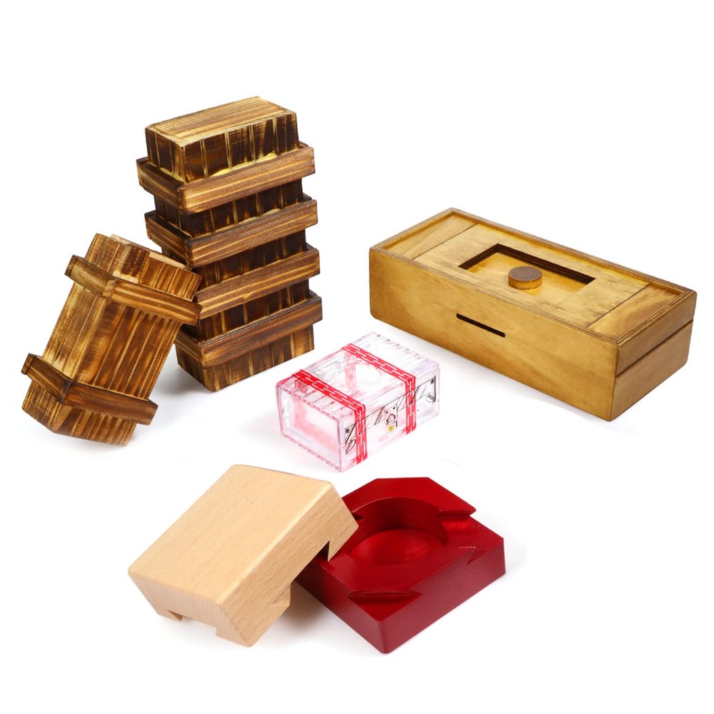 Hanaive 5 Pack Christmas Wooden Puzzle Box Brain Teaser Gift, classicStyle