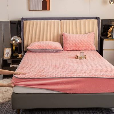 Queen Mattress Topper Pad Protector Thick Extra Deep Bedding Pad Topper Mattress Pads Quilted Fitted Mattress Protector Winter Warm Elastic Velvet Bed Linen Bedspread ( Color : Pink , Size : King )