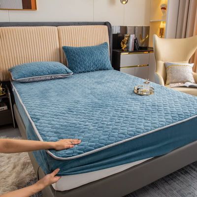 Queen Mattress Topper Pad Protector Thick Extra Deep Bedding Pad Topper Mattress Pads Quilted Fitted Mattress Protector Winter Warm Elastic Velvet Bed Linen Bedspread ( Color : Azul , Size : Californi