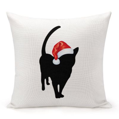 Decorative Throw Pillow Cover Cat with Santa Hat Home Decor Christmas Kitten Santa Cat Pet Silhouette Cushion Pillowcase 18"x18" Square Pillow Case for Couch Outdoor Sofa Bedroom Office Car Decor