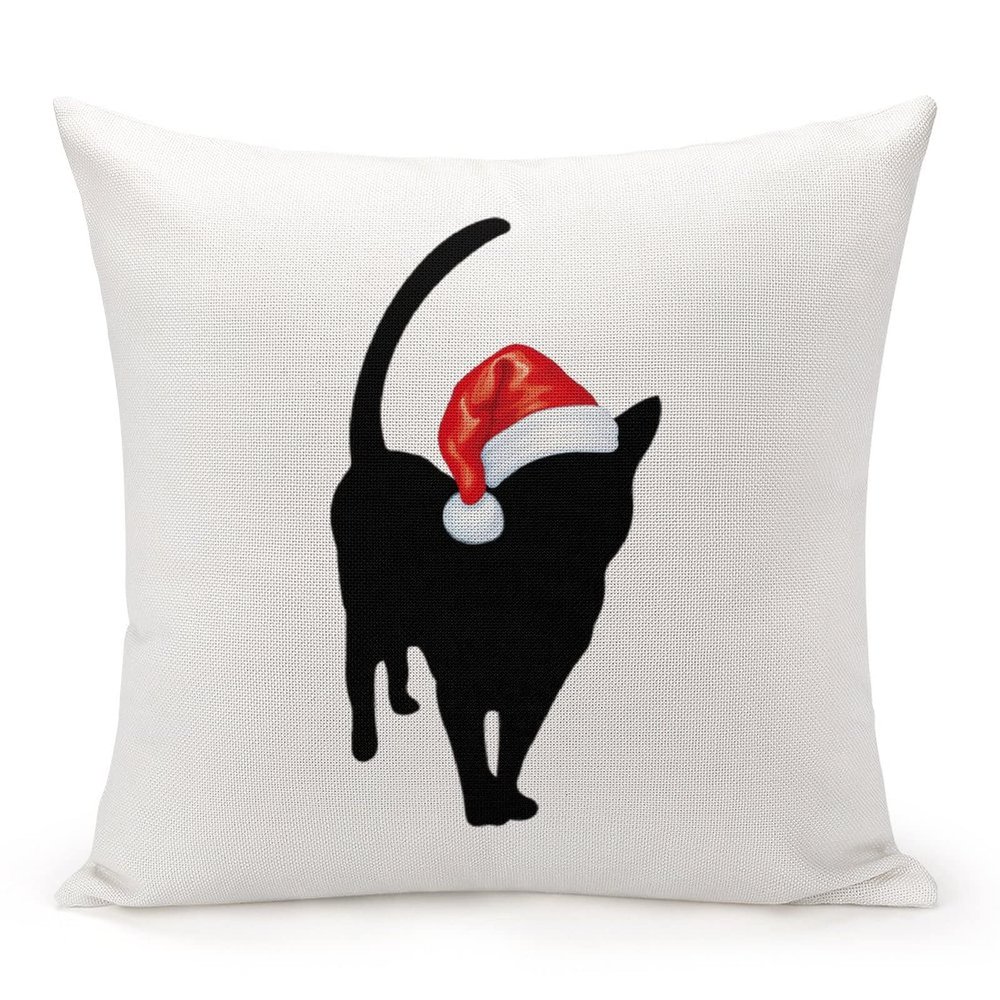 Decorative Throw Pillow Cover Cat with Santa Hat Home Decor Christmas Kitten Santa Cat Pet Silhouette Cushion Pillowcase 18"x18" Square Pillow Case for Couch Outdoor Sofa Bedroom Office Car Decor