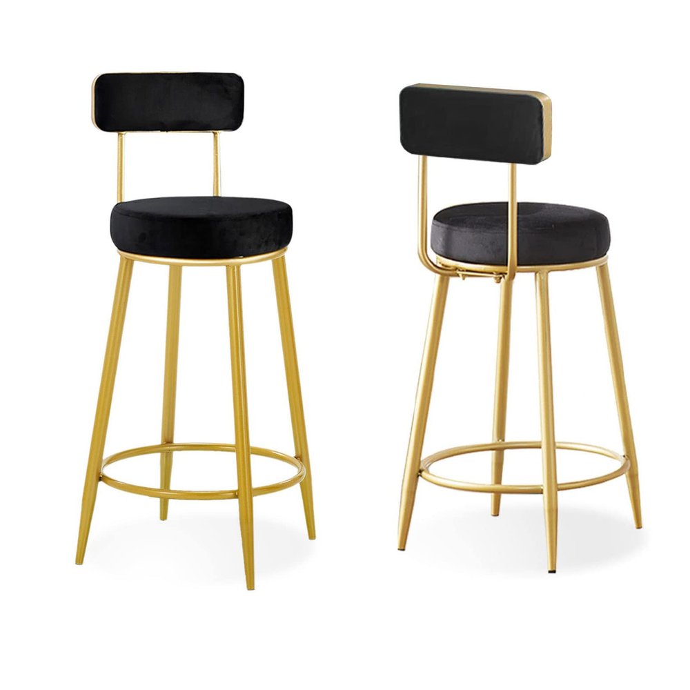 Bar Stools Dining Chair Modern Velvet Bar Stool Metal Frame Elegant Upholstered Back 26'' Tall Chairs for Island Bar Dining Room and Kitchen-Blue