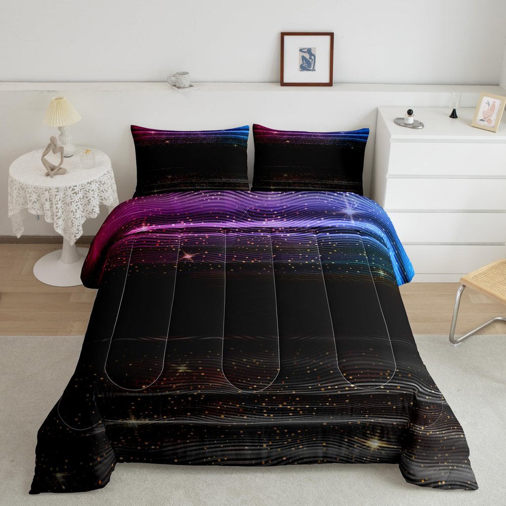 Purple Blue Ombre Comforter Set Queen Geometric Stripes Comforter Space Stars Galaxy Bedding Set With 2 Pillowcases Bedroom Decor Starry Sky Gradient Down Comforter For Kids Boys Girls Women Men