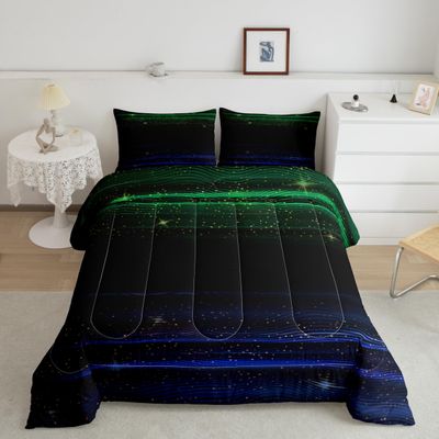 Green Black Ombre Comforter Set, Kids Galaxy Stars Bedding Set Twin Size, Luxury Stripes Gradient Down Comforter Watercolor Comforter, Soft Warm Lightweight Modern Abstract Room Decor Quilt Set
