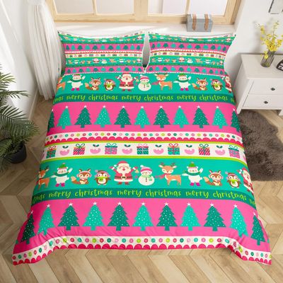 Christmas Bedding Set Cute Snowman Santa Claus Deer Comforter Cover for Kids Christmas Tree Xmas Theme Duvet Cover Breathable Pink Geometric Stripes Bedspread Cover Room Decor Quilt Cover Full Size