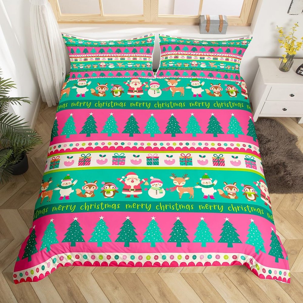 Christmas Bedding Set Cute Snowman Santa Claus Deer Comforter Cover for Kids Christmas Tree Xmas Theme Duvet Cover Breathable Pink Geometric Stripes Bedspread Cover Room Decor Quilt Cover Full Size