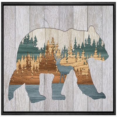 wall26 Framed Canvas Print Wall Art Wood Panel Bear Pine Tree Mountain Vista Nature Wilderness Digital Art Modern Art Farmhouse/Country Decorative for Living Room, Bedroom, Office - 16x24 Black