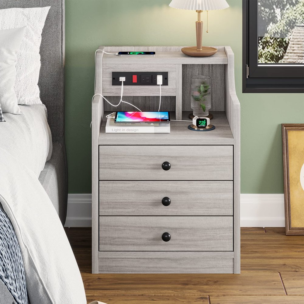 ADORNEVE Nightstand with Charging Station, Night Stand with Hutch & Storage Drawers, End Table Side Table Bedroom,Grey