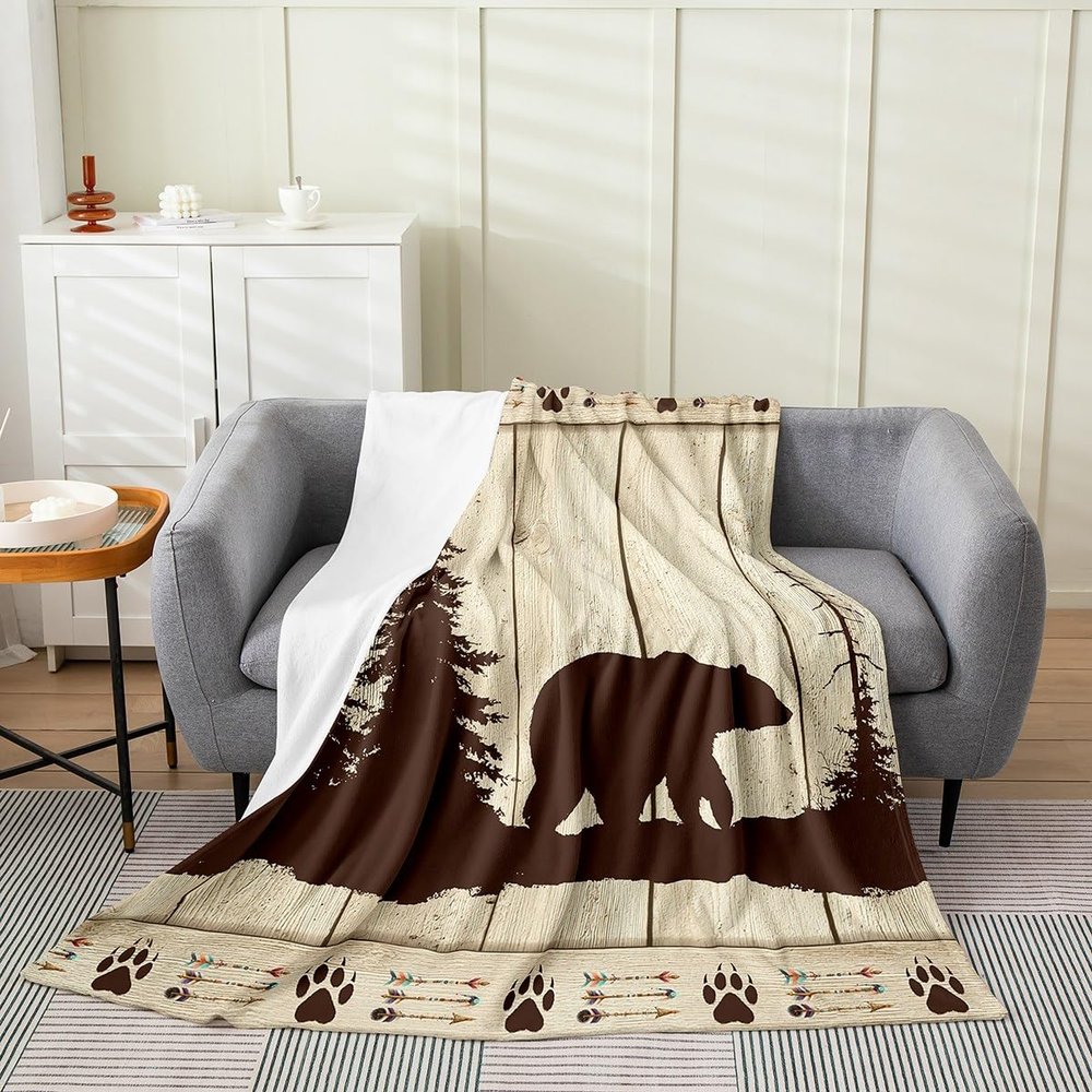 Bear Silhouette Kids Flannel Blanket,Boys Girls Adults Cabin Decor,Pine Trees Old Wooden Plank Retro Bed Blanket,Boho Arrows Paws Throw Blanket,Brown Rustic Fuzzy Blanket,Baby Size (30 x 39 Inches)
