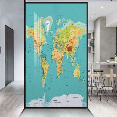 Sea Green Apricot Vinyl Stained Glass Film Map of The World Geography Continents Image Frosted Tint Glass Film Privacy Self-Adhesive Map 23.6Wx59L-inch