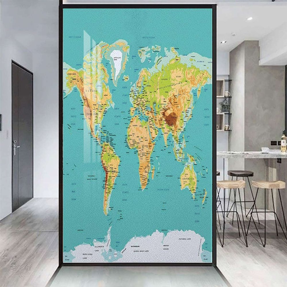 Sea Green Apricot Vinyl Stained Glass Film Map of The World Geography Continents Image Frosted Tint Glass Film Privacy Self-Adhesive Map 23.6Wx59L-inch
