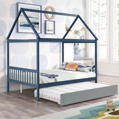 Full Size House Bed Daybed with Twin Trundle,Wood Platform Bed Frame with Roof,Wood Full Size House Bed Frame Can Be Decorated,Full Size Trundle Daybed for s Teens Adults,No Box Spring Need,Blue
