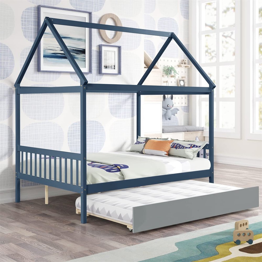 Full Size House Bed Daybed with Twin Trundle,Wood Platform Bed Frame with Roof,Wood Full Size House Bed Frame Can Be Decorated,Full Size Trundle Daybed for s Teens Adults,No Box Spring Need,Blue