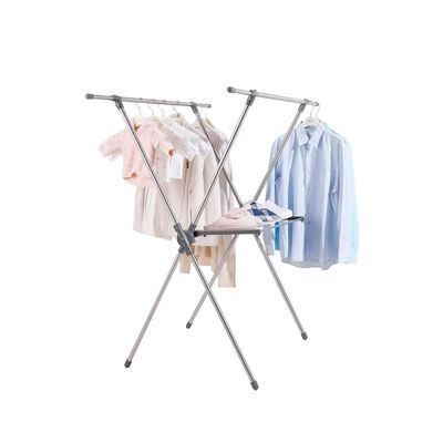 BAOYOUNI Foldable Clothes Drying Rack Double Laundry Poles Garment Towels Hanger Stand Expandable Rails X-Shape Storage Organizer with Shelf, Grey