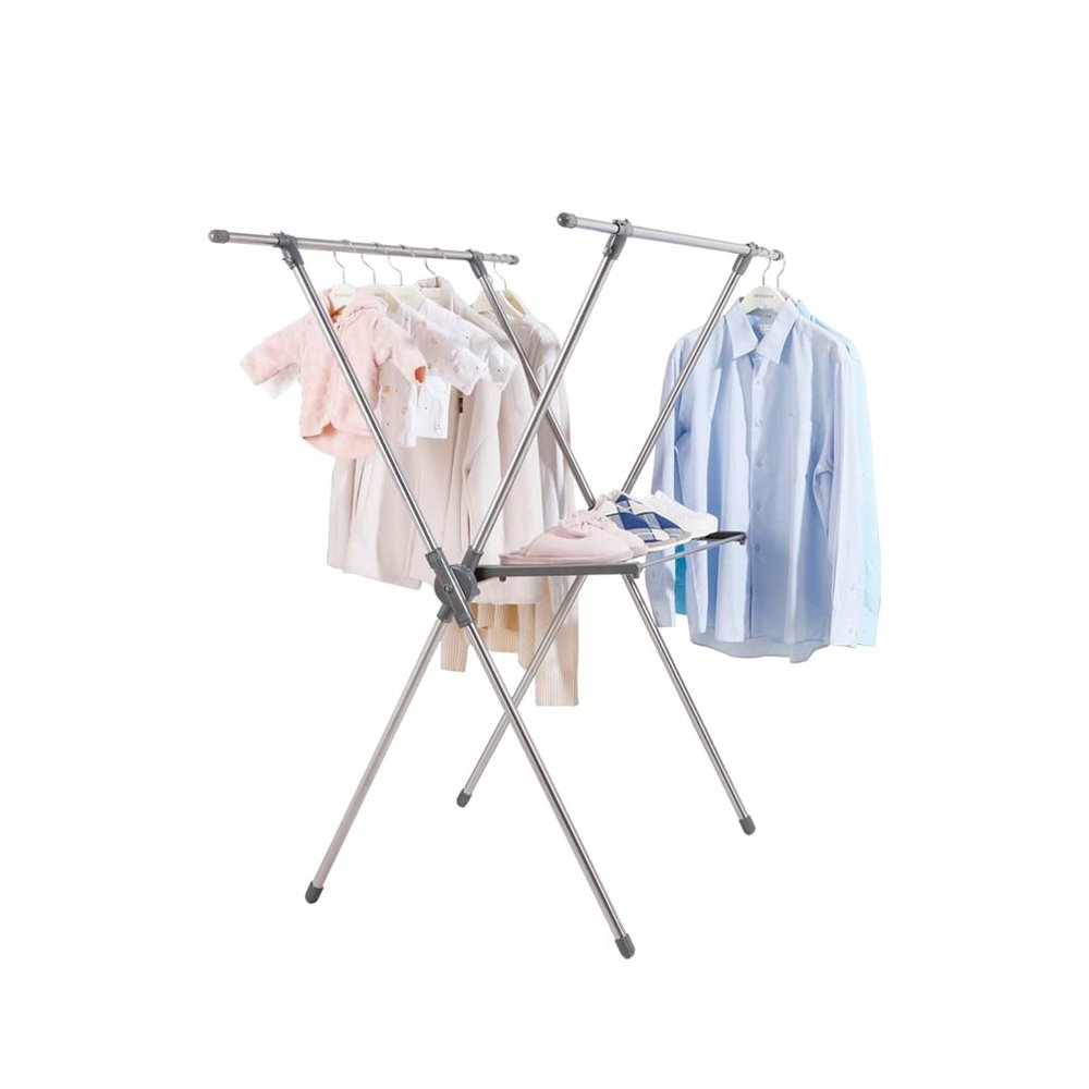 BAOYOUNI Foldable Clothes Drying Rack Double Laundry Poles Garment Towels Hanger Stand Expandable Rails X-Shape Storage Organizer with Shelf, Grey