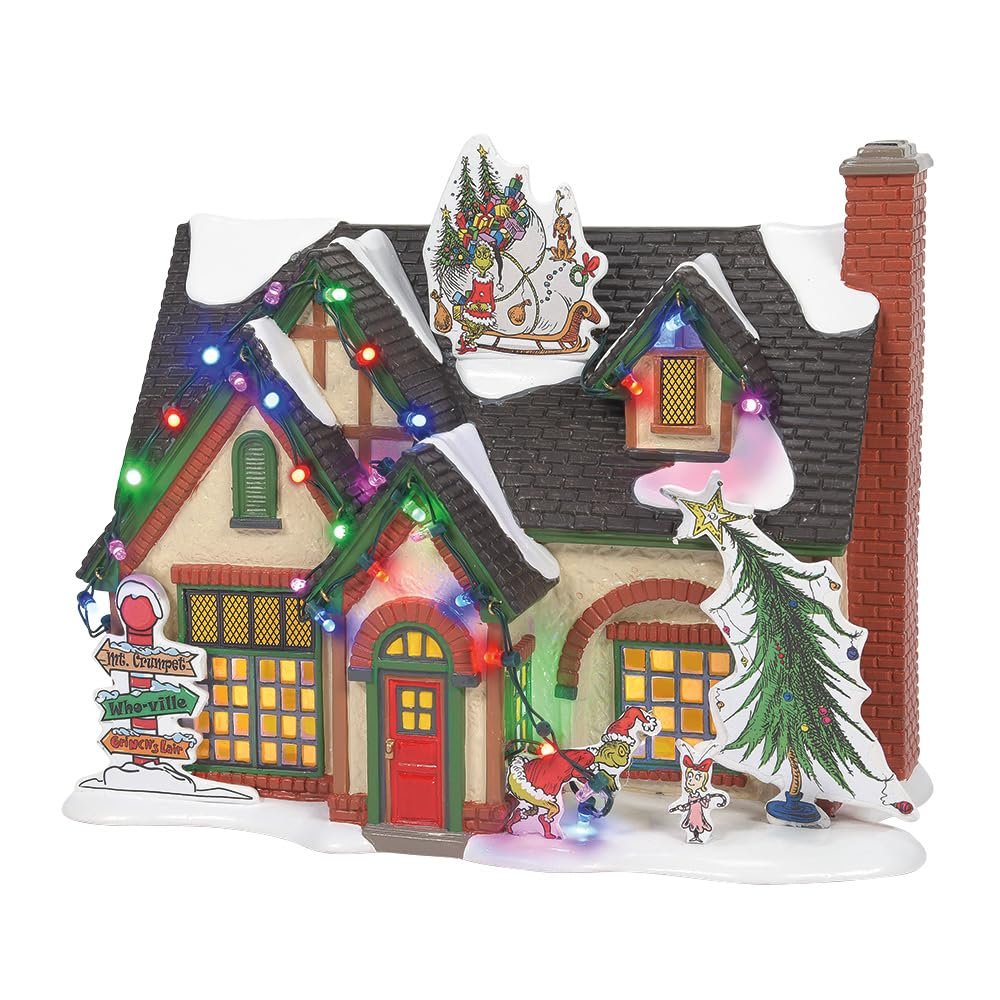 Department 56 Original Snow Village Grinch House Lit Building Collectible Christmas Village House, Illuminated LED Lights, AC Adapter, Hand Painted Ceramic Home Decor Gift, 7.2 Inch, Multicolor