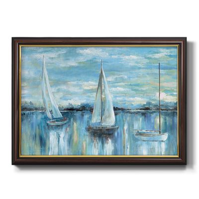 Renditions Gallery Canvas Wall Art Prints Blue Evening on the Bay Boats Black Walnut Framed Pictures for Bedroom Dining Living Room Office Home Kitchen Wall Decor - 16"X20"