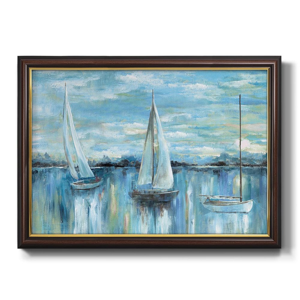 Renditions Gallery Canvas Wall Art Prints Blue Evening on the Bay Boats Black Walnut Framed Pictures for Bedroom Dining Living Room Office Home Kitchen Wall Decor - 16"X20"
