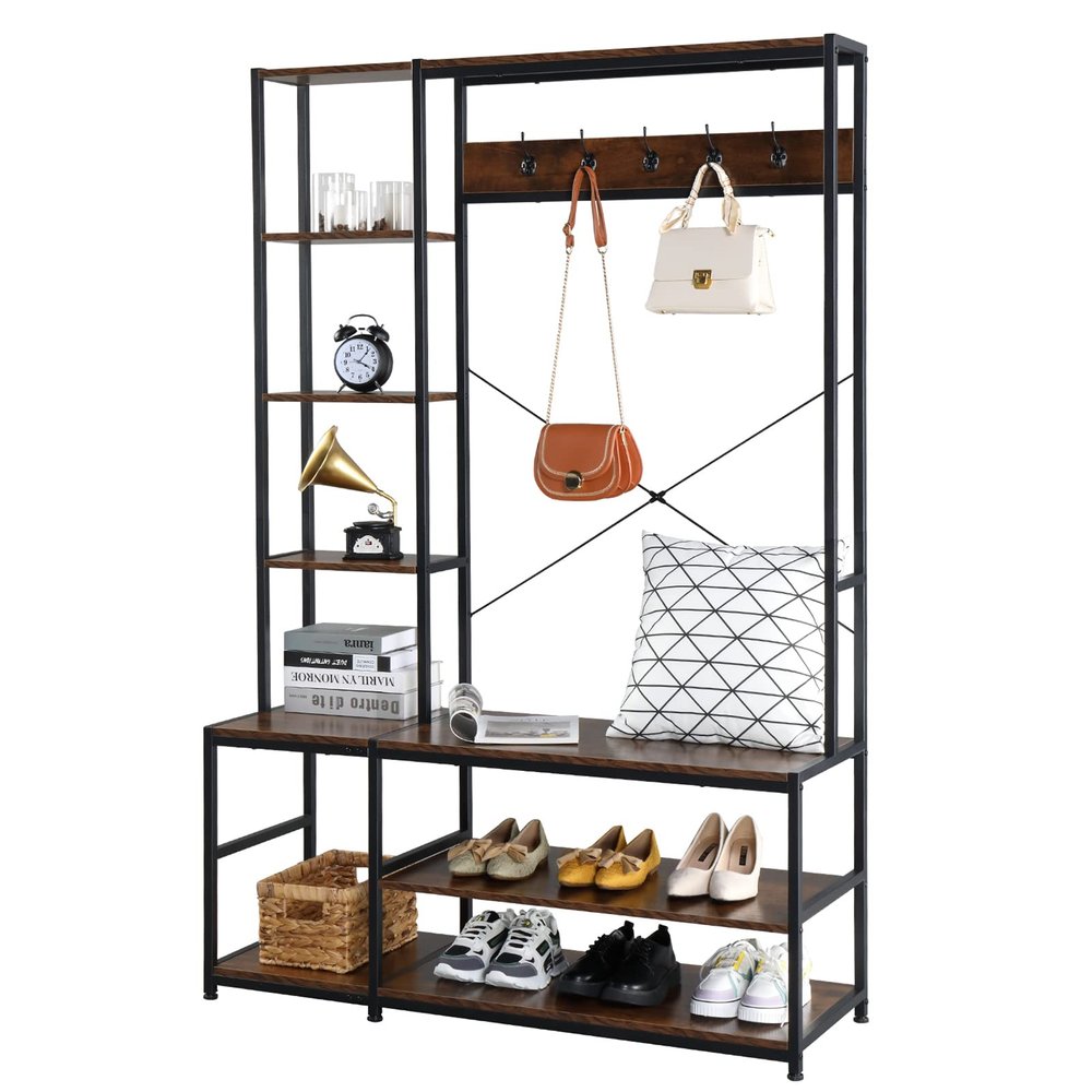 Hall Tree with Coat Rack and Storage Bench, Entryway Bench with 5 Hooks Industrial Entryway Hall Trees with Bookshelves Freestanding 70" Hall Tree Closet Organizer Clothes Rack, for Bedroom