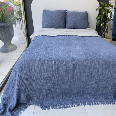 BONPERLA Muslin Blanket 100% Cotton, 4 Layers Bedspread, Soft Turkish Cotton Muslin Bed Cover, Reversible Coverlet, Indigo Blue (King Size 95x102-230x260cm)