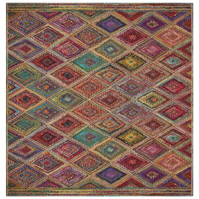 Hand Braided Jute 4' Square Kilim Rug Flatweave Mat Multicolor Design Handmade Boho Thick 0.27" Geometric Pattern Carpet Sisal Jute Indoor Outdoor Use Rugs for Kitchen, Bedside, Yoga Mat