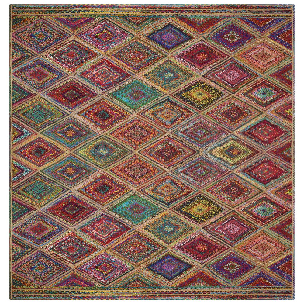 Hand Braided Jute 4' Square Kilim Rug Flatweave Mat Multicolor Design Handmade Boho Thick 0.27" Geometric Pattern Carpet Sisal Jute Indoor Outdoor Use Rugs for Kitchen, Bedside, Yoga Mat