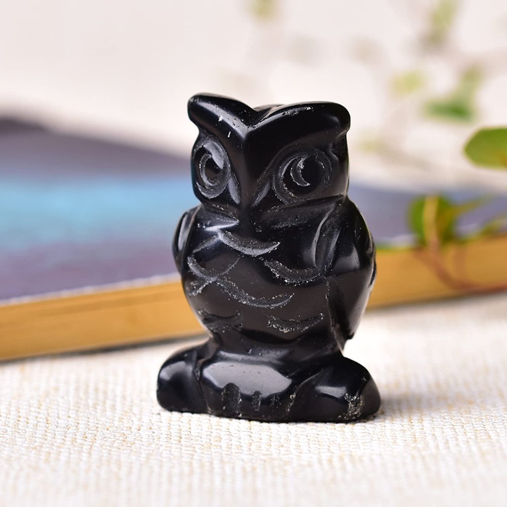 1PC Natural Stone Carved Owl Animal Ornaments Crystal Quartz Stone Crafts Handmade Figurine Home Decoration,Obsidian,40x28x20mm