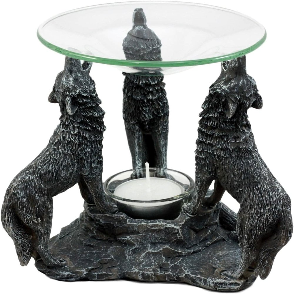 Set of 1 Moonlight Three Howling Wolves Candle Oil Warmer Or Wax Tart Burner Figurine