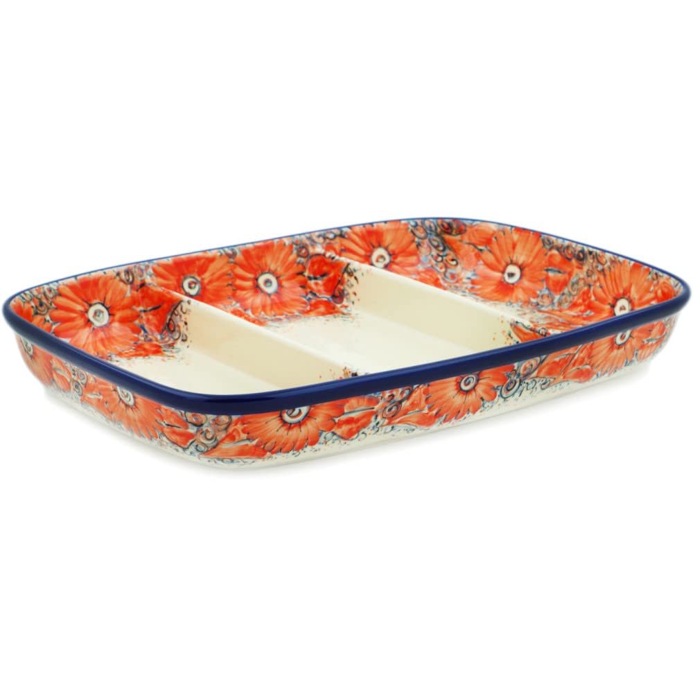 Polmedia Polish Pottery Divided Dish UNIKAT - Peachy Keen Pattern Handmade in Boleslawiec Poland by Ceramika Artystyczna + Certificate of Authenticity