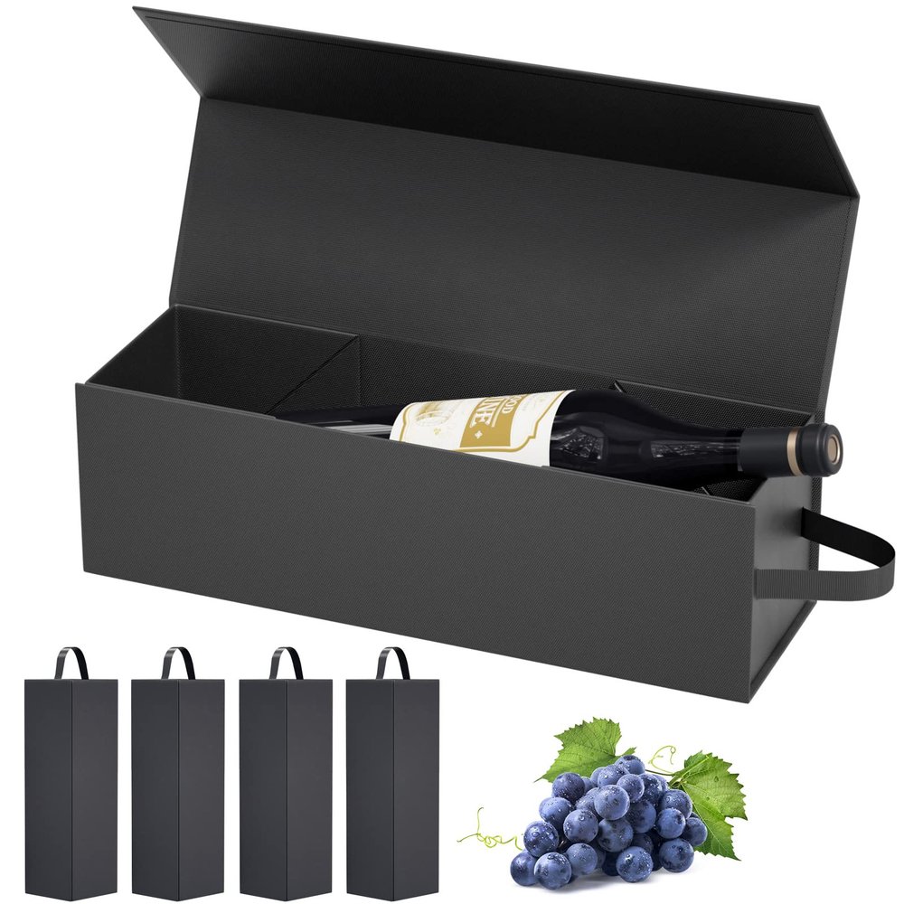 Wine Gift Boxes 12.8 x 3.8 x 3.8 in,Bottle Gifts Boxes For Liquor Presents,For Wines and Champagne,Magnetic Collapsible Gift Box Wine Bottle Gifts Packaging for Weddings,Anniversaries, Parties (Black/5PCS)