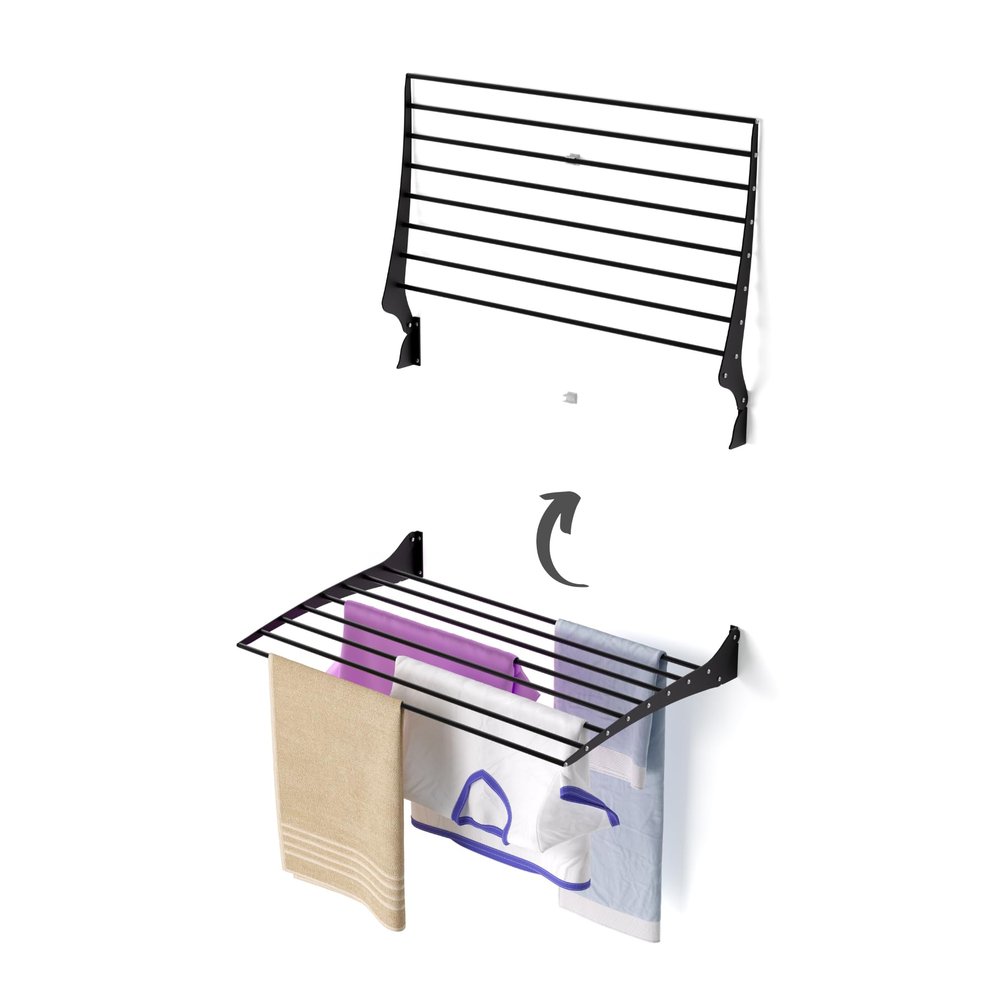 foxydry Fold Wall Mounted Clothes Drying Rack, Black Folding Laundry Airer for Indoor or Outdoor Use Aluminium and Steel 31.5x20x21 in (31.5 in / 80 cm)