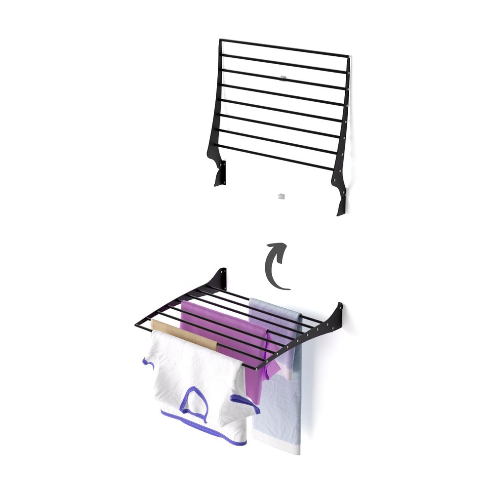 foxydry Fold Wall Mounted Clothes Drying Rack, Black Folding Laundry Airer for Indoor or Outdoor Use Aluminium and Steel 23.6x20x21 in (23.63 in / 60 cm)