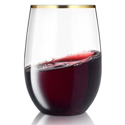 30 Pack Stemless Plastic Wine Glasses - 16 Oz - BPA Free Disposable Wine Glasses for Parties - Shatterproof Plastic Stemless Wine Glass for All Drinks - Gold Rimmed Wine Glasses