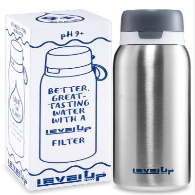 Level Up Way 25 Ounce Premium Stainless Steel Water Bottle with Filter  BPA Free - Travel Essentials - Alkaline Water Filter pH 9+ (Black)