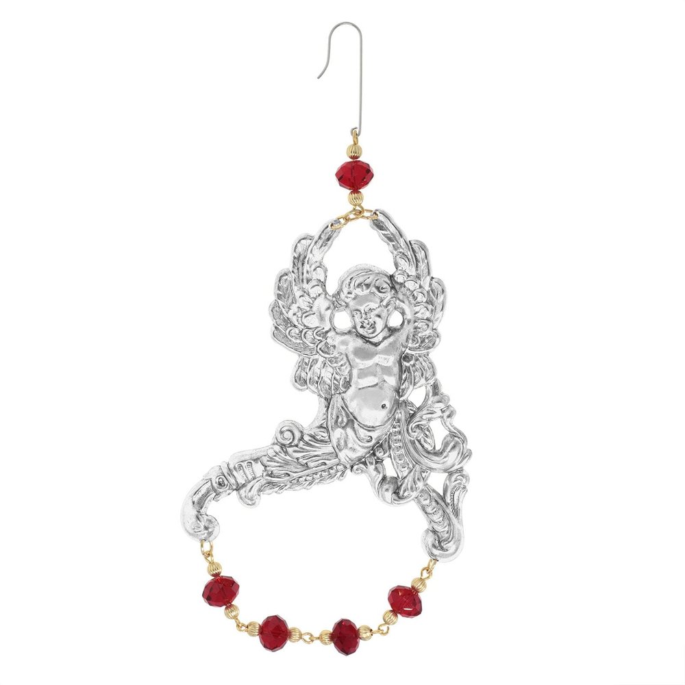 1928 Jewelry Winged Cherub Angel & Siam Red Crystal Christmas Tree Ornament