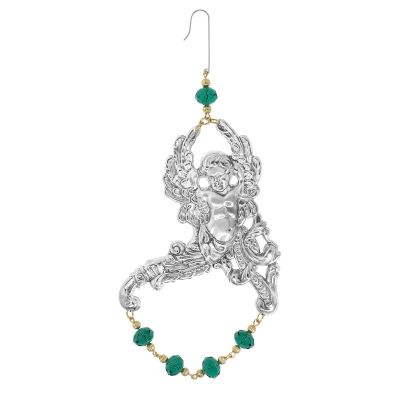 1928 Jewelry Winged Cherub Angel & Emerald Green Crystal Christmas Tree Ornament