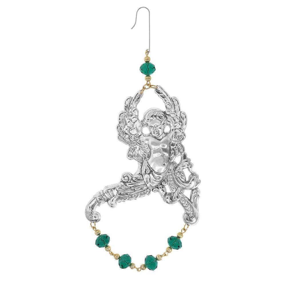 1928 Jewelry Winged Cherub Angel & Emerald Green Crystal Christmas Tree Ornament
