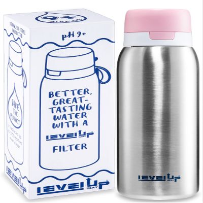 Level Up Way 25 Ounce Premium Stainless Steel Water Bottle with Filter  BPA Free - Travel Essentials - Alkaline Water Filter pH 9+ (Pink)