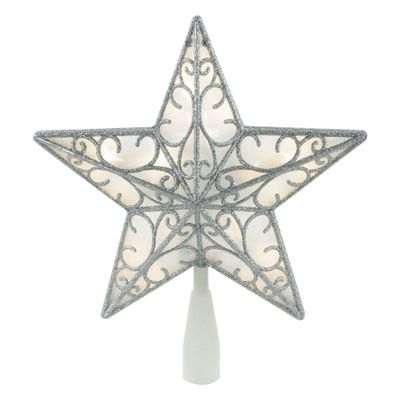 Northlight LED Lighted Glitter Star Christmas Tree Topper Warm White Lights, 9", Silver