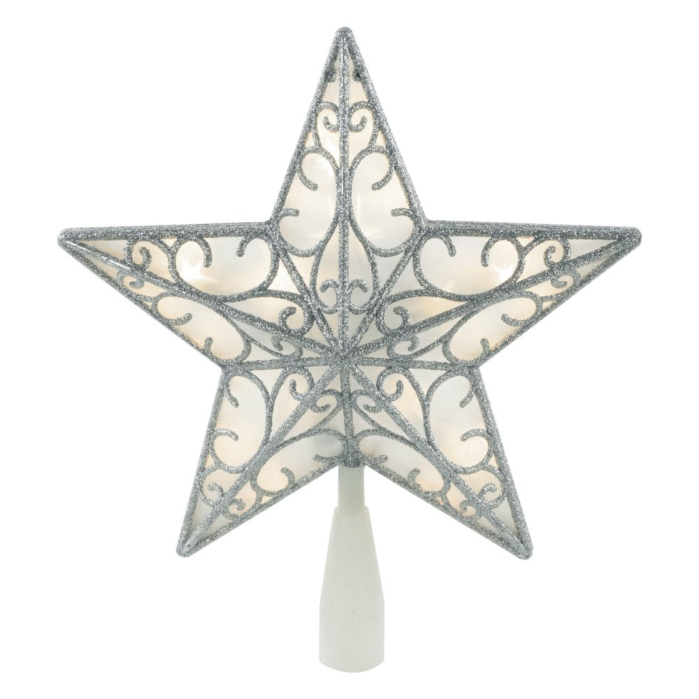 Northlight LED Lighted Glitter Star Christmas Tree Topper Warm White Lights, 9", Silver