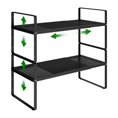 Expandable Kitchen Cabinet Shelf Organizer Rack Heavy Duty Metal Spice Rack Stackable Kitchen Counter Storage Shelf for Kitchen Cabinet Pantry Bathroom (Black - 16.5"-27" L x 10.2" W x 9.6" H - 2Pack)
