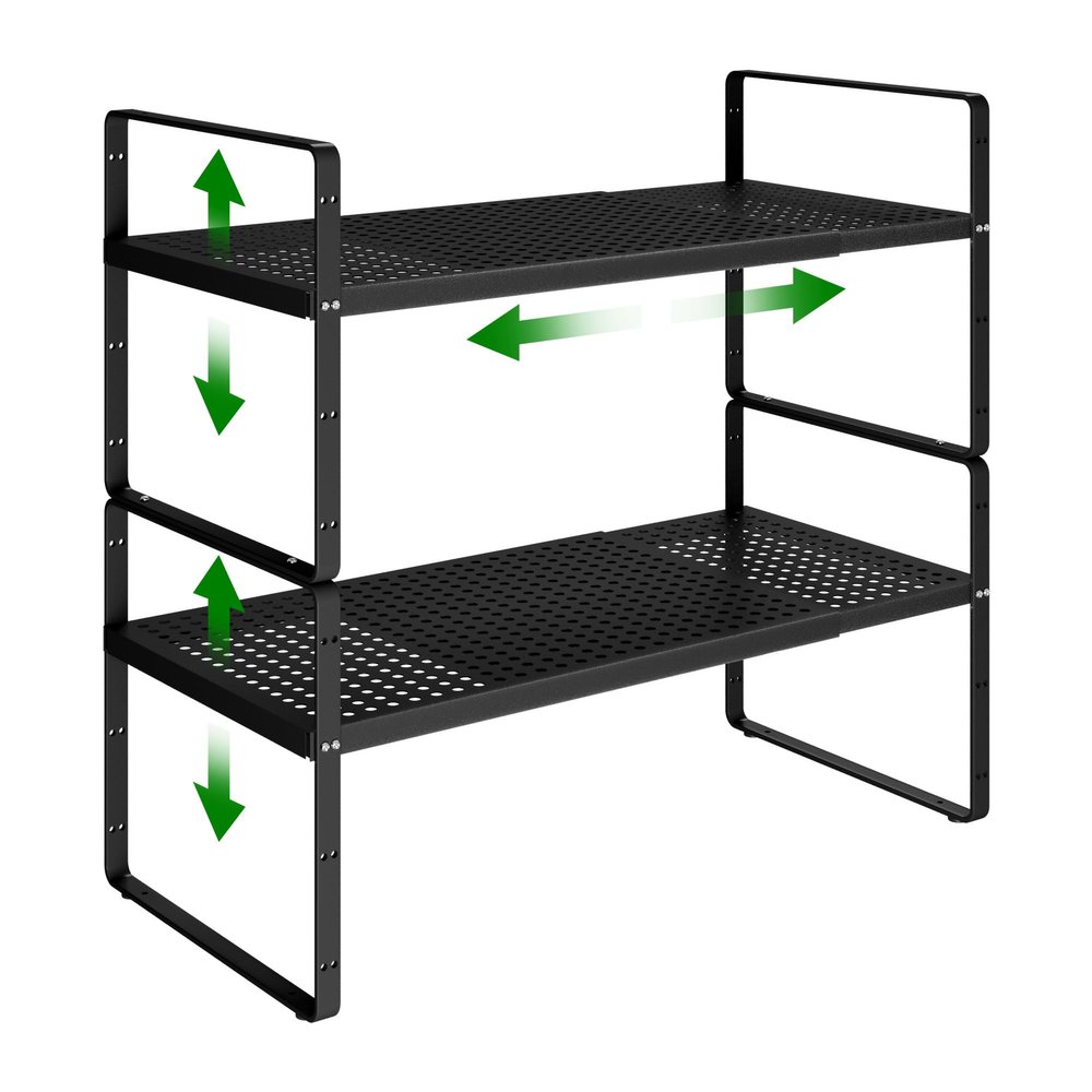 Expandable Kitchen Cabinet Shelf Organizer Rack Heavy Duty Metal Spice Rack Stackable Kitchen Counter Storage Shelf for Kitchen Cabinet Pantry Bathroom (Black - 16.5"-27" L x 10.2" W x 9.6" H - 2Pack)